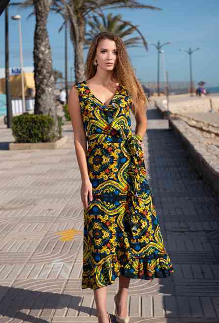 21NI-363 V Wrap Dress S,M,L,XL(4), 130 cm, viscose | fresh-cotton.com